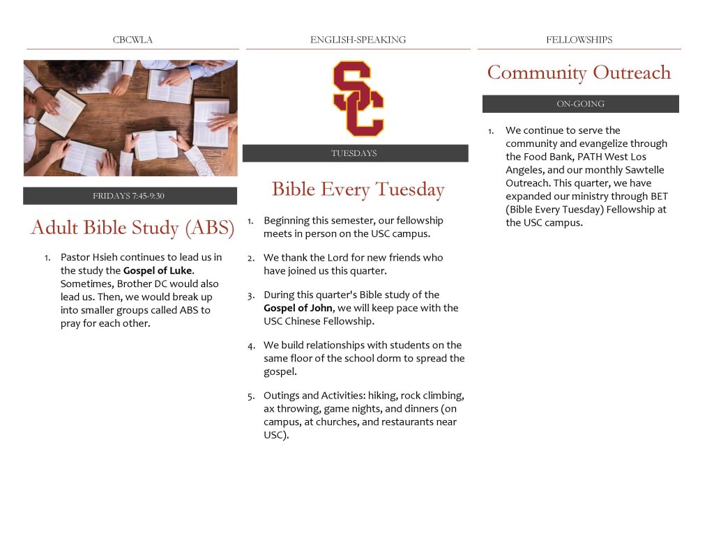 2022 Q4 Fellowship Update: Adult Bible Study (ABS), USC Bible Every Tuesday (BET), Community Outreach
